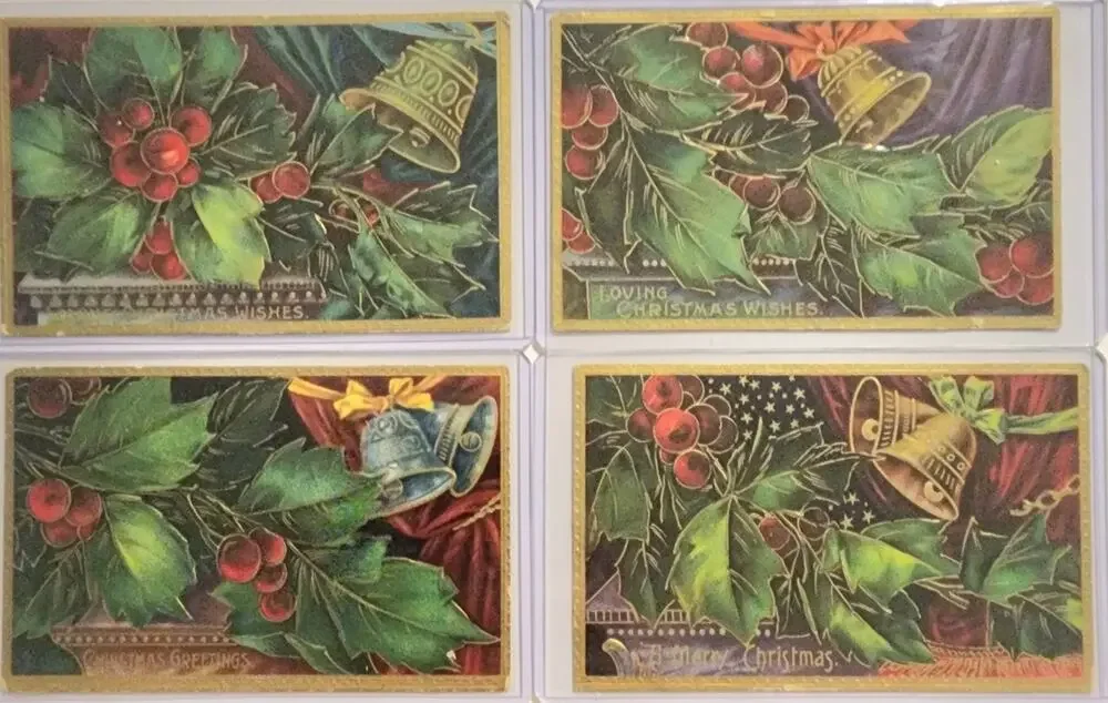 Lot Of Four Vintage Antique Embossed Postcards Flowers Christmas